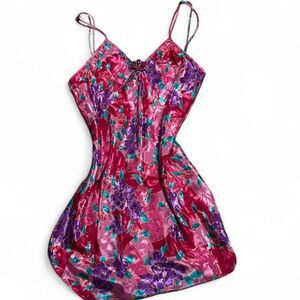 Vintage SEARS “Inner Most” vibrant pink and purple floral satin lingerie slip